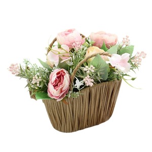 Arreglo de Flores Artificiales en Cesta de Paja, Rosas Blancas, Hojas Verdes, Decoración de Escritorio Interior, Pieza Única, Alta Simulación - Product Image 6