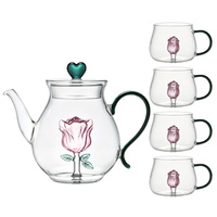 Service à thé en verre borosilicate avec rose 3D créative à l'intérieur, théière de 1600 ml, 4 tasses, coffret cadeau de luxe, théière en verre résistant à la chaleur