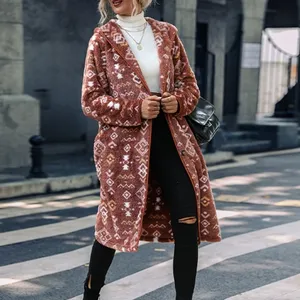 Autumn And Winter Women's Hooded Long-Sleeved Custom Models Geometric Print Single-Breasted Long Coat