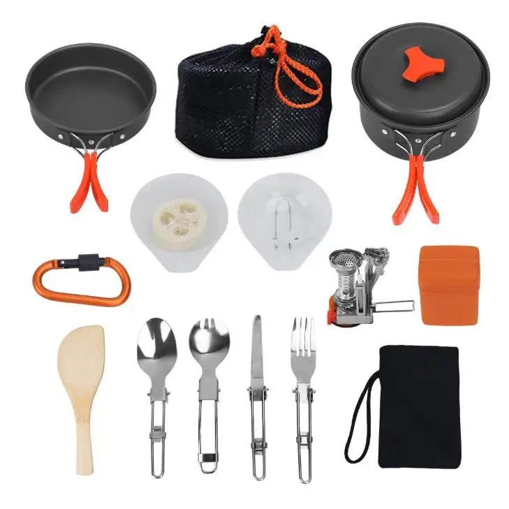 Outdoor Camping 16 pcs Cooking Utensil Set Pot Pans Cookware Set with mini Stove Carabiner Folding Spork Set