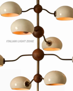 Lustre moderne italien en laiton et noyer, 8 lumières, abat-jour en dôme crème, luminaire de plafond Sputnik, éclairage suspendu de luxe - Product Image 5