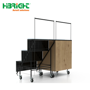 Mobile Tiered Display Stand Folding Merchandising Rack with Wheels and Graphic Panels for Supermarket Promotion - Product Image 1