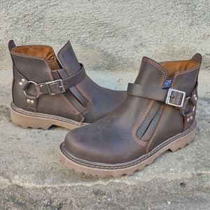 Bottes de travail en cuir pleine fleur pour homme, bottines tendance, bottes de chevalier vintage, chaussures en cuir à boucle - Product Image 2