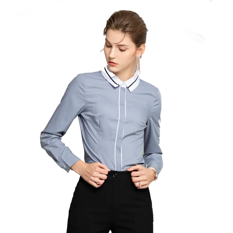 High Quality Low Factory Price Turn-down Collar Grey White Woman Formal Business Lady Office Blouse
