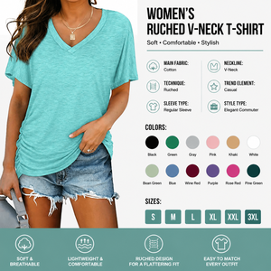 Camiseta de Manga Corta para Mujer, Nueva Colección 2025, Color Sólido, Cuello en V, Manga Murciélago, Fruncido Lateral, Estilo Casual Europeo Americano - Product Image 2