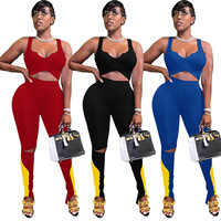 Venda quente Top Colete Com Cor Oco Out Casual Dois Conjuntos Calções T-Shirt Sem Mangas Set Mulheres Pedaço 2