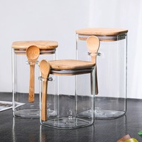 Pot en verre carré en borosilicate sans plomb avec couvercle en bambou et cuillère, hermétique, multifonctionnel pour le stockage en cuisine du café, des bonbons, du thé et des épices