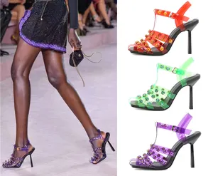 Sandalias para mujer de punta cuadrada con tacón de aguja transparente de PVC, estilo europeo y americano, pasarela, uñas, taladros calientes