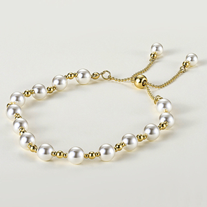 Pulseras <span class=keywords><strong>de</strong></span> Perlas Chapadas en <span class=keywords><strong>Oro</strong></span> <span class=keywords><strong>de</strong></span> <span class=keywords><strong>18k</strong></span> al por Mayor, con Cuentas Blancas <span class=keywords><strong>de</strong></span> Aleación y Espaciadores Dorados, Cadena Ajustable para Mujeres y Niñas - Product Image 1