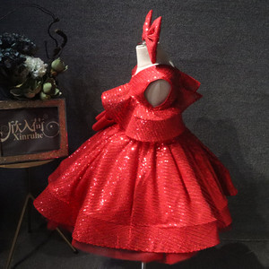 Abito Formale da <span class=keywords><strong>Principessa</strong></span> per Bambine, Rosso Brillante, Lunghezza al Ginocchio, con Paillettes Scintillanti e Dettagli in Perline, 100% Cotone, per Matrimoni e Compleanni - Product Image 2