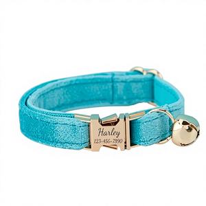 Ensemble collier et laisse personnalisés en velours uni turquoise pour chat et petit chien, avec étiquette nominative gravée sur mesure pour chaton et chiot, clochette dorée offerte - Product Image 1