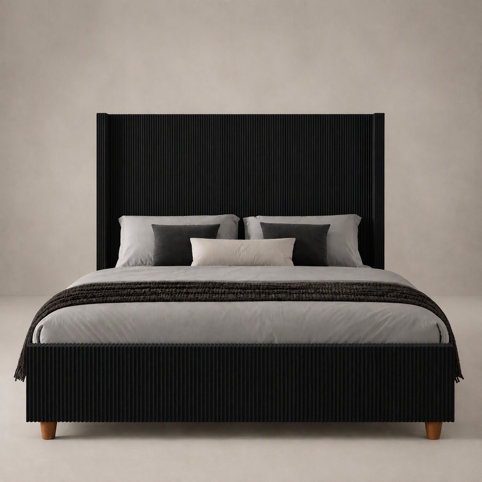 Vertical Ripped Panel Modern Oak Wood Bed Frame Vertical Ribbed Corduroy Upholstered ...