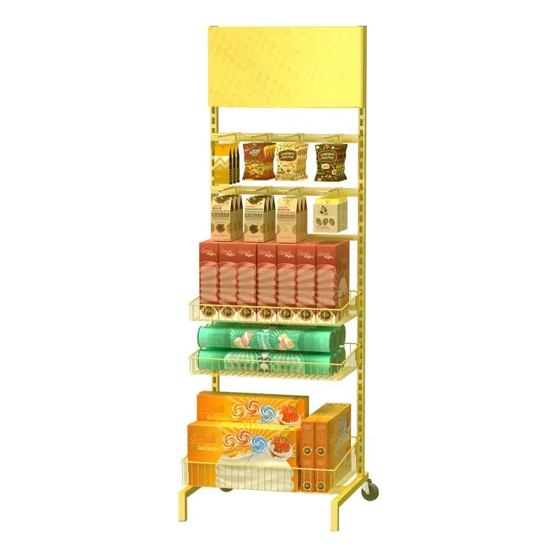 Snack Shelf Metal Biscuits Display Rack Floor Standing Multi-Tier with Hooks and Baskets