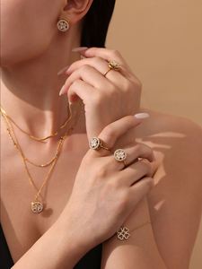 High Quality Women's Stainless Steel Flower Jewelry Set Zircon Rotatable <b>Necklace</b> <b>Ring</b>-Gold for Wedding Party Great Gift Idea - Product Image 3