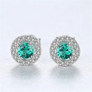 Fine Jewelry 925 Sterling Silver Round Disc Shape Gemstone Diamond Stud Earrings