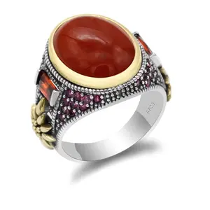 प्राचीन 925 स्टर्लिंग तुर्की चांदी तामचीनी अंगूठी लाल रत्न गहने mens के छल्ले शादी के लिए