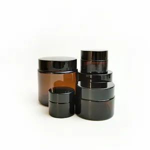 Hot Sale 30g 50g Amber Empty Body Cream Cosmetic Jars Face Cream Glass Jar With Black Plastic Lid
