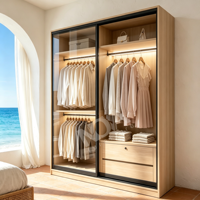 Armoire moderne autoportante avec portes coulissantes en verre miroir, éclairage LED, serrure à empreinte digitale, tiroirs, rangement de vêtements pour chambre d'hôtel