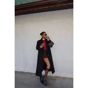 Abrigo Negro de Mujer con Cuello Alto, Largo, Estampado Moderno, Botón Único, Desmontable, de Algodón, Tallas XS-XL para Otoño-Invierno - Product Image 2