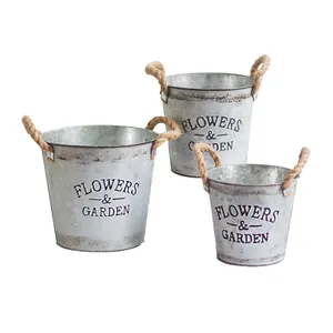 Hot Selling Set Of 3 Metal Zinc Flowers Garden Pots Garden Galvanized Bucket With Rope Handles