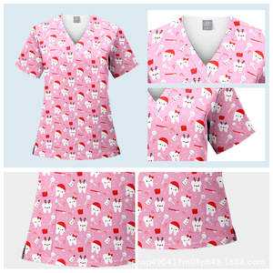 HZMNOI Dental Scrub Top V-Neck Short Sleeve Pink Tooth Print 95% Cotton 5% Spandex Moisture Wicking for Clinic Use - Product Image 2