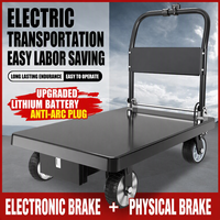 Chariot à plateforme électrique motorisé à double entraînement avec plateau en acier et batterie au lithium pour entrepôt
