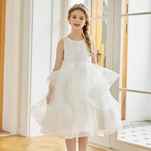 Простые Многослойные тюлевые Свадебные платья без рукавов бальное платье с аппликацией белое Цветочное платье для девочек