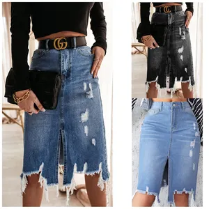 2024 Summer Women Fashion High Waisted Denim Pencil Skirt Tassel Knee Length Split Hip Wrap A line Black Jeans Skirts