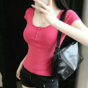 Camiseta Básica de Alta Elasticidad, Estilo Y2K, Ecológica, Corte Regular, para Mujer, Color Sólido, Verano, Casual, Elástica, Ajustada, Manga Corta - Product Image 5