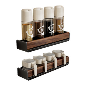 Wall Mounted Walnut Wood Spice <b>Rack</b> With Oil Vinegar Sauce Containers Easy Cleaning <b>Kitchen</b> <b>Storage</b> Shelf - Product Image 5