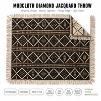 Couverture décorative Mudcloth Diamond, coloris Charbon, Marron, Crème, Sable, Avoine, style ethnique, bohème, moderne, rustique, tribal, pour canapé, maison, bureau, lecture, salon