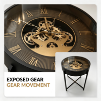 Table d'appoint décorative ronde avec horloge, cadre en métal noir, chiffres romains, pour salon et couloir