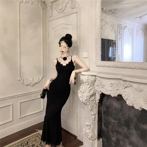 Slim Fitting Lace Bodycon Dress Women Spring Autumn Sleeveless Strapless Sheath Long Skirt Black Solid Color - Product Image 3