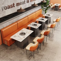 Ensemble table et chaises en acier inoxydable pour restaurant de fondue, salon de thé et restaurant de barbecue, thème industriel rouge, avec banquette et combinaison de sièges en filet