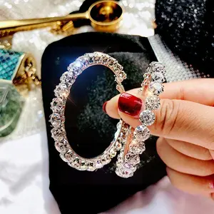 Fashion Perhiasan Wanita 925 Sterling Silver Post Besar CZ Kristal Berlian Imitasi Hoop Anting-Anting Diamond Hoop