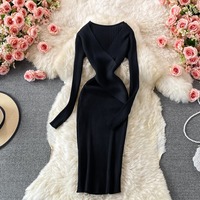 Robe en tricot à manches longues et col en V profond de style français pour femmes, robe sexy, mode printemps automne, robe mi-longue pour femmes