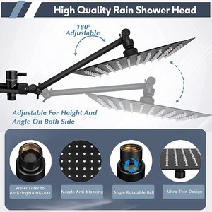 Pommeau de Douche Pluie Noir en Acier Inoxydable 8/6 Pouces, Combo 3 Modes de Jet Haute Pression <span class=keywords><strong>avec</strong></span> Tuyau Anti-Rouille de 78 Pouces pour Salle de Bain et Maison - Product Image 3