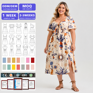 Vente en gros de robes d'été imprimées pour femmes, tailles 1XL-5XL, manches courtes et fente latérale, style décontracté - Product Image 1