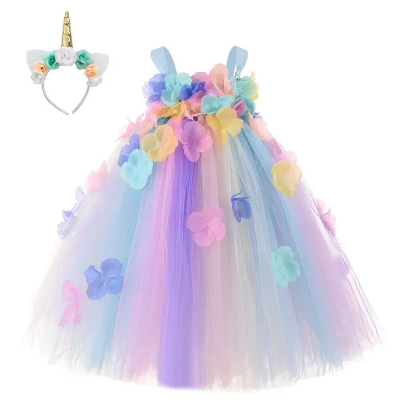 꽃 소녀 드레스 키즈 말 의상 다채로운 웨딩 가운 생일 파티 옷 어린이 유니콘 투투 드레스