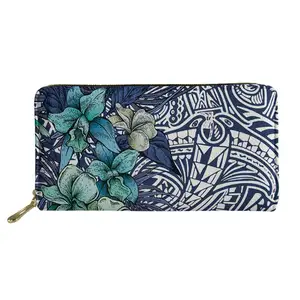 블루 Samoan 부족 삼각형 디자인 하와이안 꽃 히비스커스 프린트 현금 지갑 숙녀 긴 클러치 지갑 맞춤형 로고