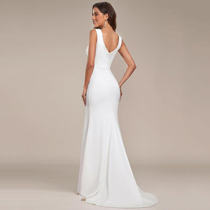 White Halter Neck Sheath Wedding Dress With Slit And Fishtail Skirt For Banquet Events - Product Image 2