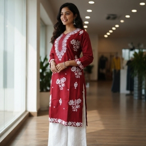Conjunto de Kurta de Algodón Rojo Bordado de Diseñador para Mujer, Ropa Étnica, Kurti Recto, Traje Palazzo, Vestido Tradicional - Product Image 1