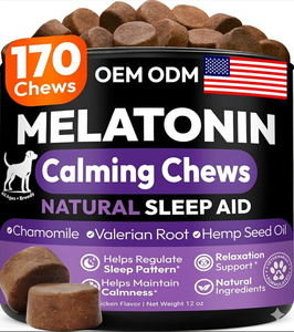 Compresse Calmanti Avanzate alla Melatonina <span class=keywords><strong>per</strong></span> Cani, Aiuto Naturale <span class=keywords><strong>per</strong></span> il Sonno con Canapa, Pillole <span class=keywords><strong>per</strong></span> Cuccioli Contro Ansia, Stress, Separazione, Abbaiamento e Fuochi d'Artificio - Product Image 1