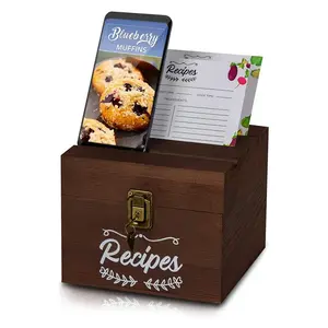 Wooden Recipe Box with Lock Card and Dividers Cards Phone Holder and Measurement Card Box