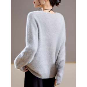 Suéter con cuello en V, mezcla de lana y cachemira, gris para mujer - Product Image 2