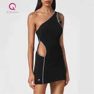 Qianzi Đen Mini Dress Một Vai Không Tay Sexy Rhinestone Tôn Tạo Hollow Trong Mini Câu Lạc Bộ Ăn Mặc Cho Phụ Nữ