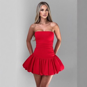 Robe courte à fleurs sexy européenne et américaine, épaules dénudées, couleur unie, sans bretelles, sans manches - Product Image 2