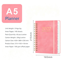 Carnet de planification A5 personnalisé en spirale 2027, agenda mensuel et hebdomadaire avec bande élastique, vente en gros d'usine 3479