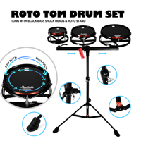 Beatello Professional Black Metal Roto Tom Drum Set 6'8'10' Inch Toms Bass Shock Heads Pliable Roto Stand Sliding Rail