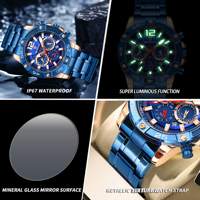 Montre multifonctionnelle Binbond 9798 pour homme, en acier inoxydable bleu foncé, à quartz, étanche, style professionnel, vente en gros, plus abordable